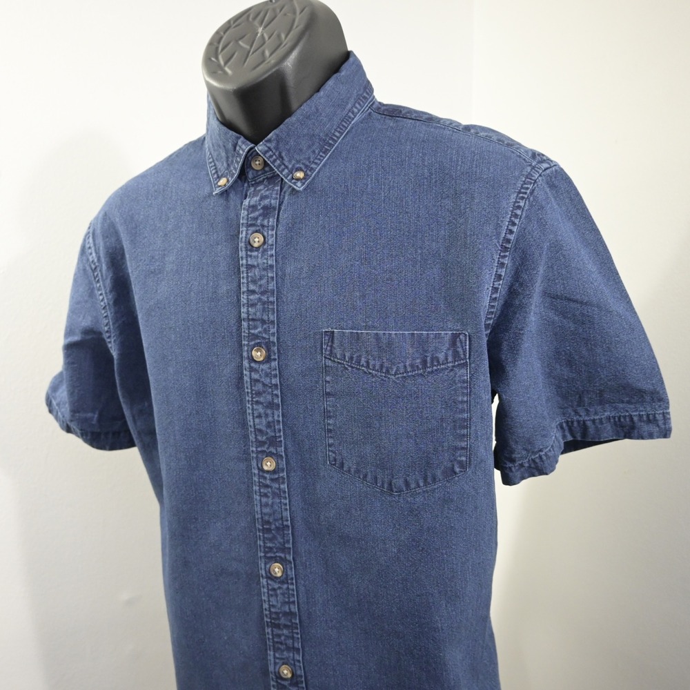 Banana Republic Button Up Men L Slim Fit Blue Short Sleeve Denim Pocket Shirt